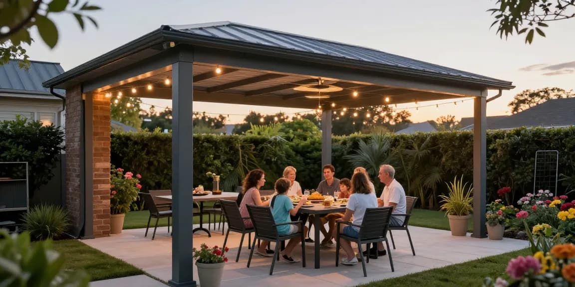 Terrassenüberdachung aus Aluminium in einem schönen Garten mit Familie beim Essen.