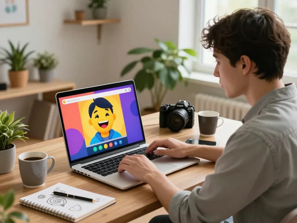 Engaging in sex ai chat via laptop in a cozy home office setting with vibrant decor.