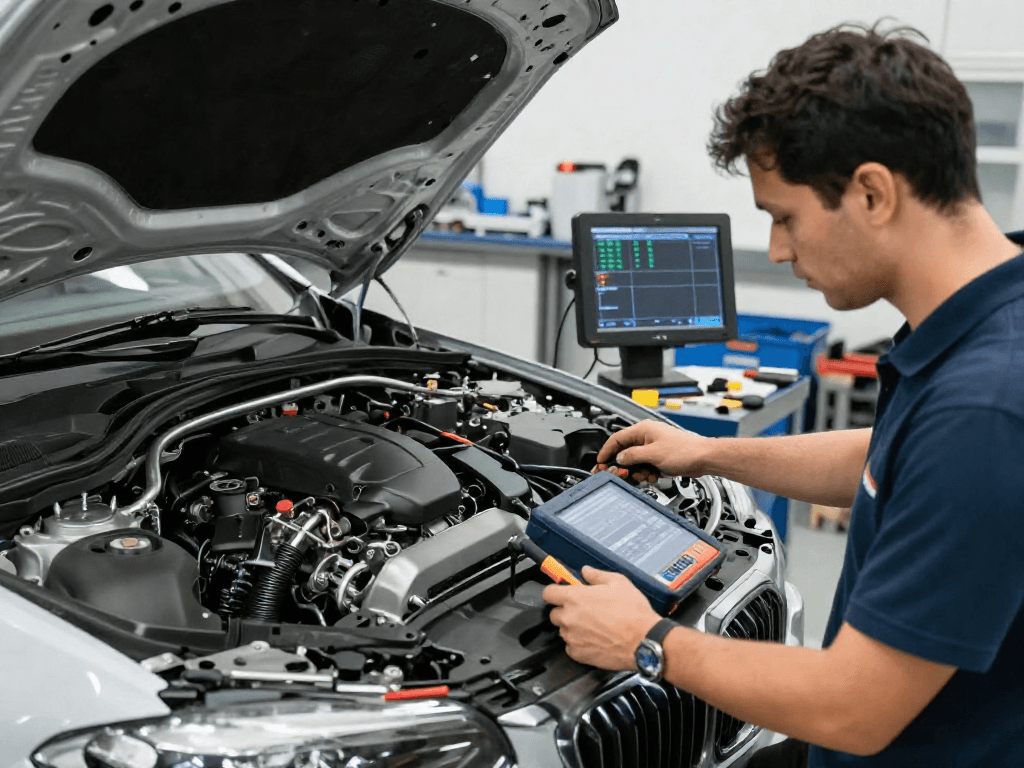Professionelle Werkstatt mit Technikern beim BMW Steuerkette wechseln und Diagnosetools