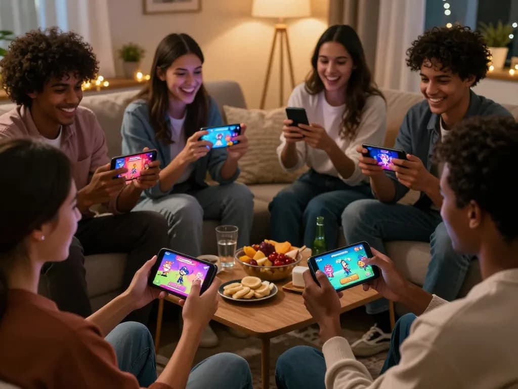 Players enjoying free mobile porn games together in a cozy living room setting.