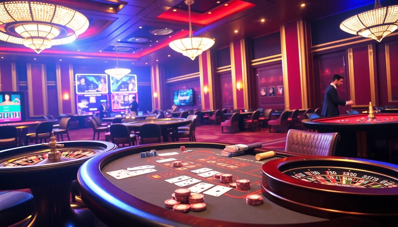 Casino scene showcasing Khuyến Mãi S8 excitement with poker action and vibrant lights.