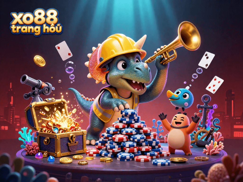 Engage in thrilling gaming with xo88 trang chủ as vibrant cartoon dinosaurs celebrate with poker chips and treasure.