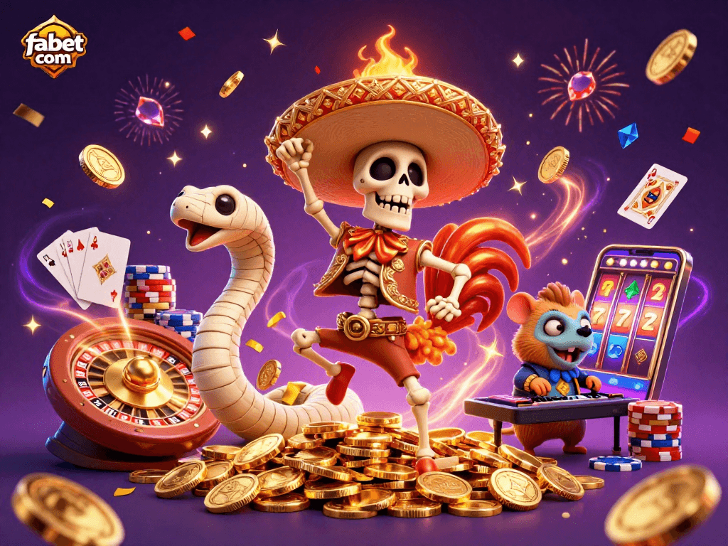 Experience excitement with fabet com as vibrant characters celebrate winnings in a dynamic casino scene.
