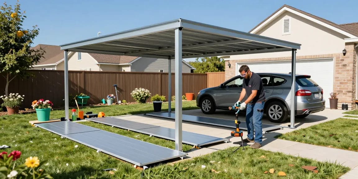 Carport-Installation im Garten mit einem Bauarbeiter, der moderne Metallteile montiert.
