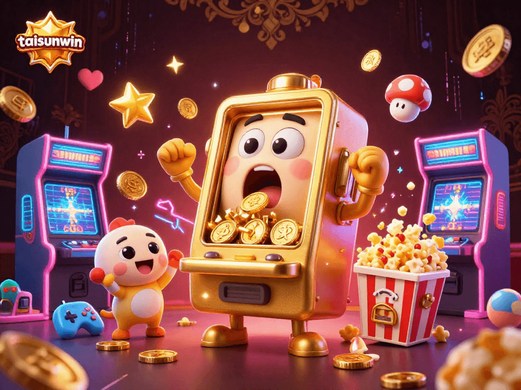 Experience gaming excitement with taisunwin's golden slot machine hitting a jackpot amidst vibrant casino elements.