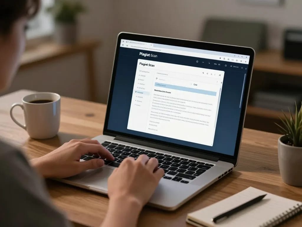 Person using Plagiat Scan on a laptop in a cozy workspace to check document integrity.