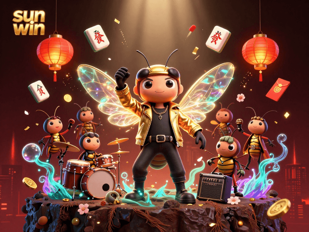 Experience sun win with vibrant casino-themed 3D art showcasing lively characters and game symbols.