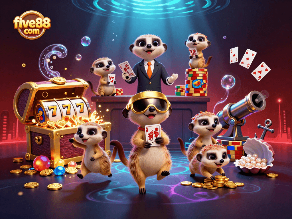 Experience the excitement of five88 com with playful meerkats running a vibrant casino operation amid underwater treasures.
