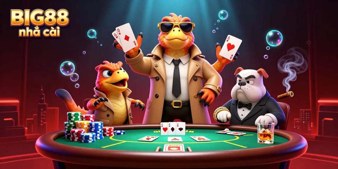 Engaging 3D scene depicting BIG88 nhà cái with raptors entering a VIP casino lounge while gambling elements surround them.