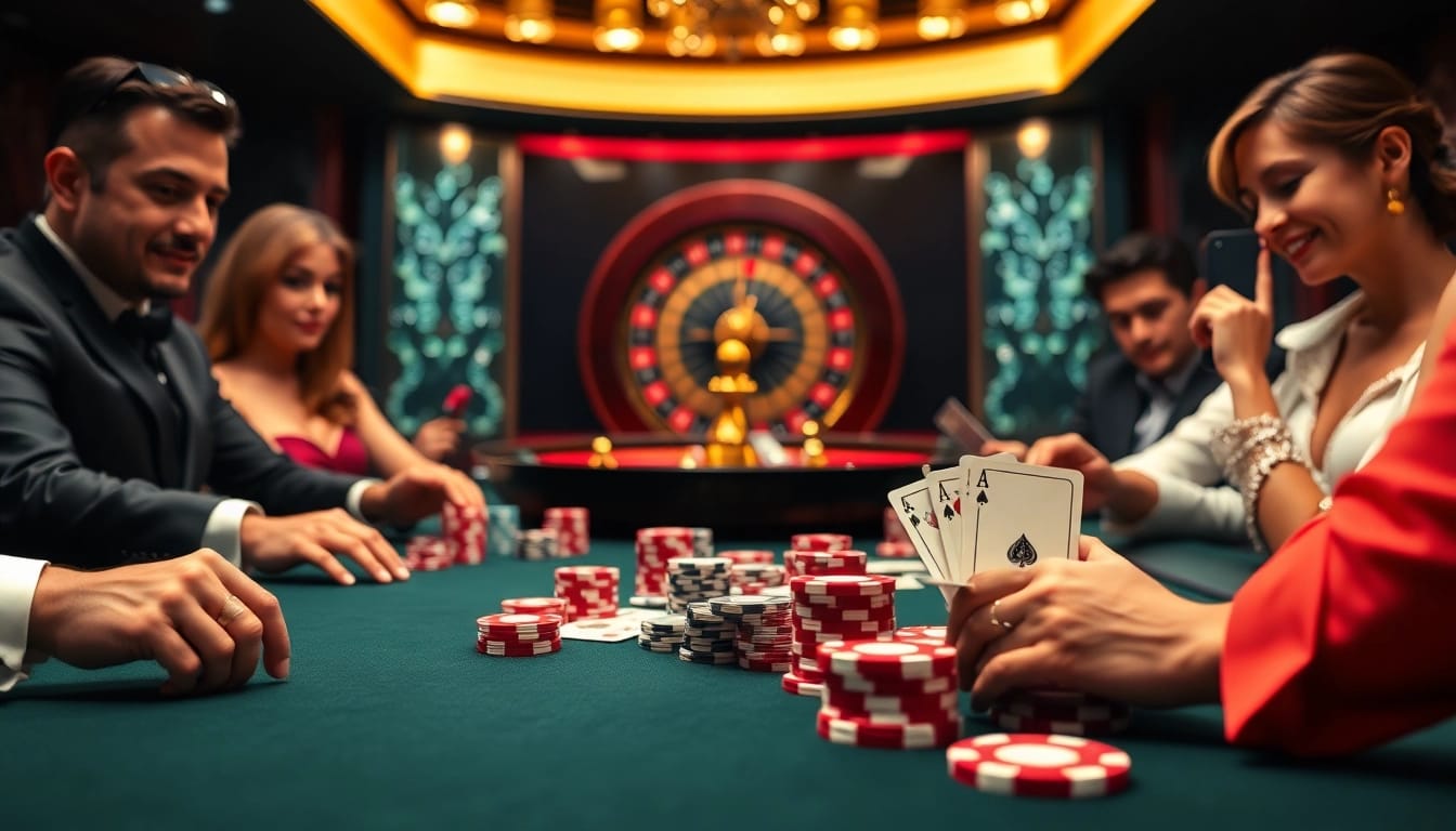 KJC Football players enjoy a thrilling game at a vibrant poker table in an exciting casino scene.
