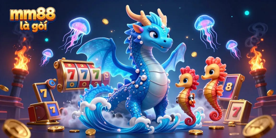 Engage with mm88 là gì in a vibrant casino scene featuring a majestic dragon and seahorse amidst slot machines and glowing coins.
