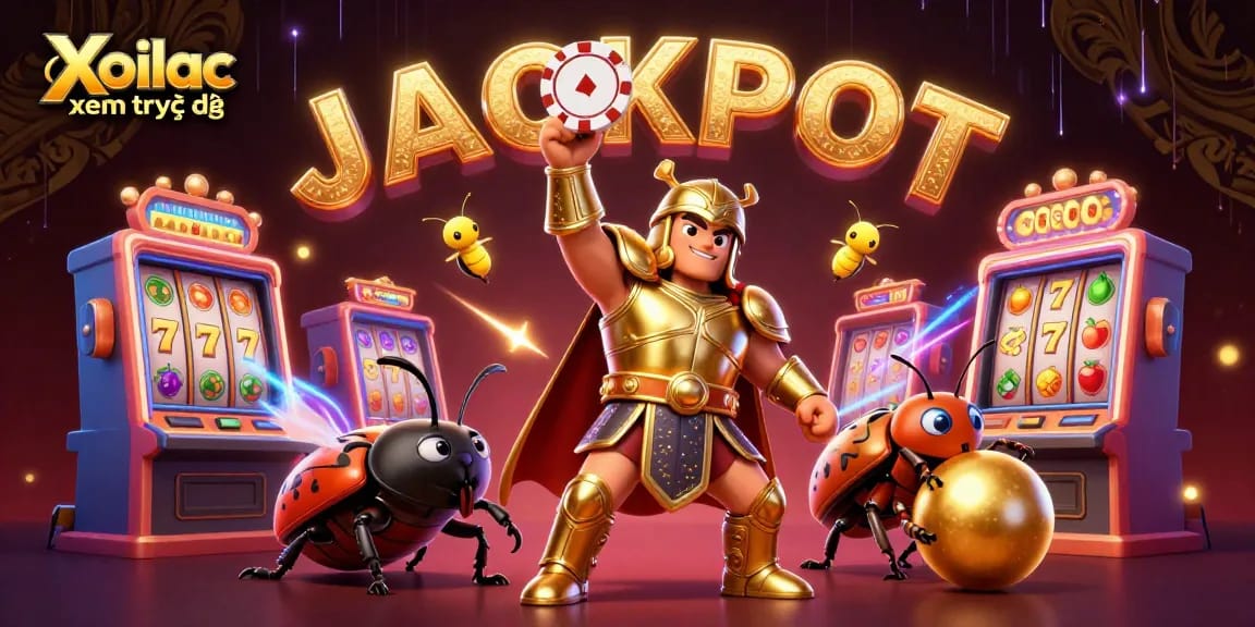Xoilac xem trực tiếp features a winning beetle and vibrant slot elements in a dynamic casino scene.