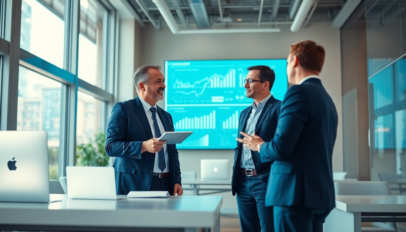 Beratung über ETFs in modernem Büro mit einem Finanzberater und Klienten, die Gespräche führen.