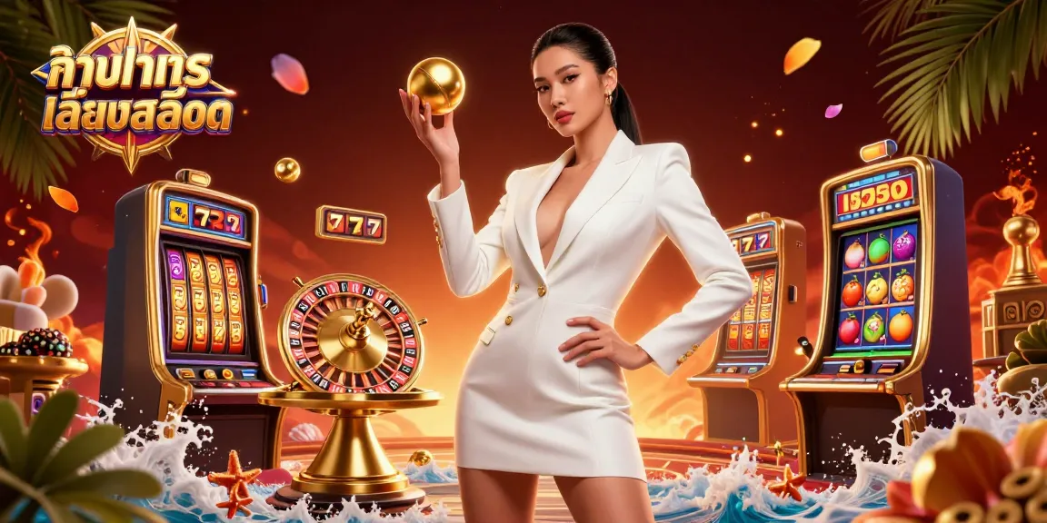 Experience ทดลองเล่นสล็อต with vivid slot reels and a captivating Asian casino model in a gold-themed illustration.