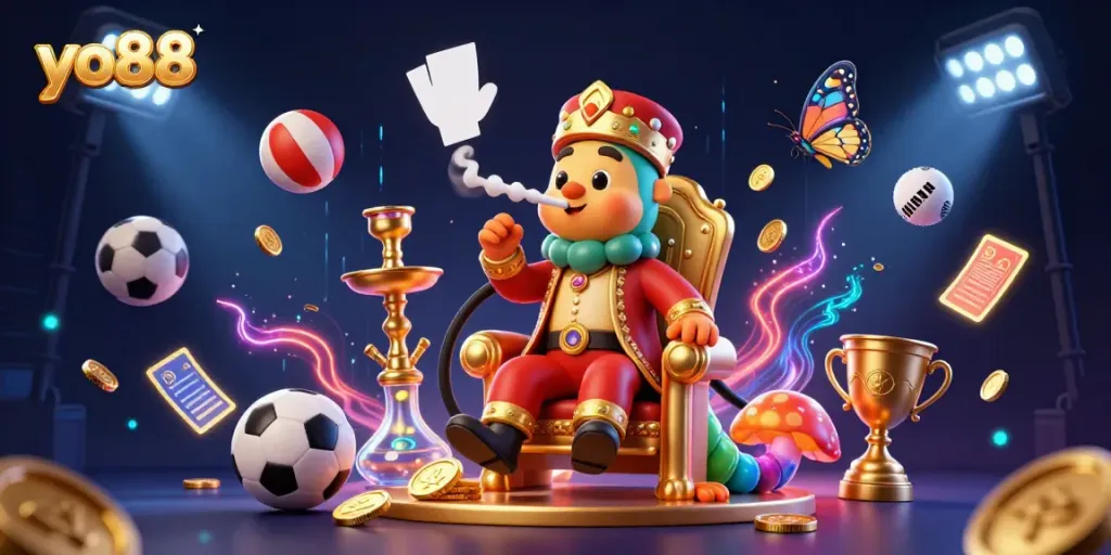 Engaging yo88 casino illustration featuring a whimsical caterpillar master and sports-themed elements.