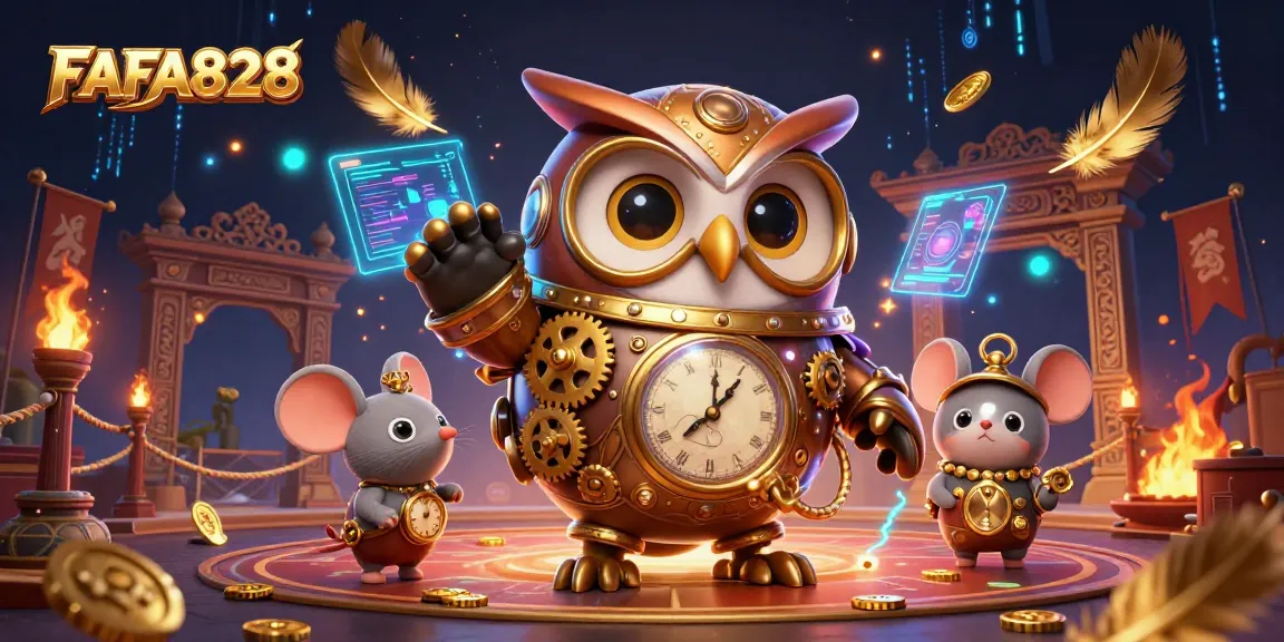 Experience FAFA828 with a stunning 3D cartoon casino scene featuring time travel and steampunk elements.