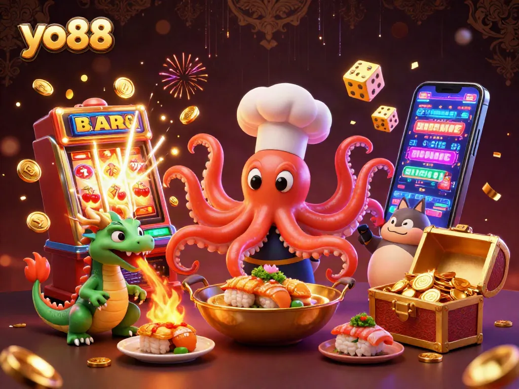 Experience thrilling gameplay with yo88's animated sushi chef octopus and casino fun!