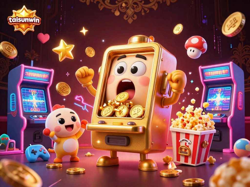 Experience gaming excitement with taisunwin's golden slot machine hitting a jackpot amidst vibrant casino elements.