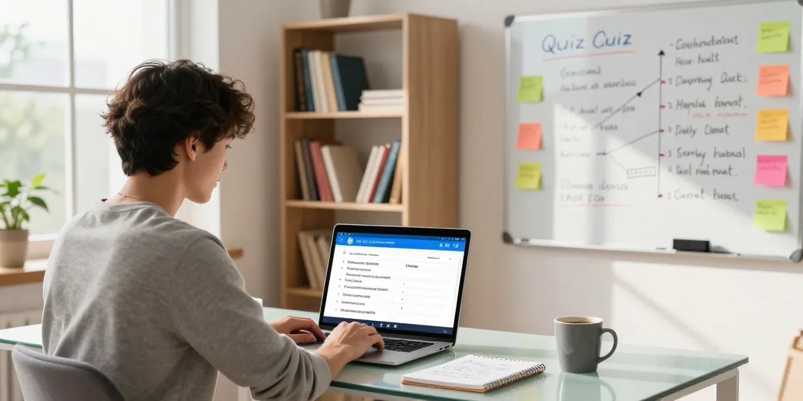 Ein lebendiger Lernraum mit einem Quiz Allgemeinwissen auf einem Laptop, Bücherregal und Notizen, die die Freude am Wissenserwerb zeigen.