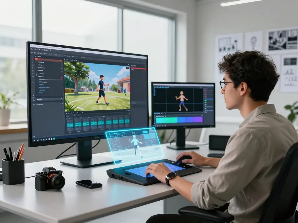Professional in a modern studio using Kling AI 2.23 to create dynamic animations with advanced motion control tools.