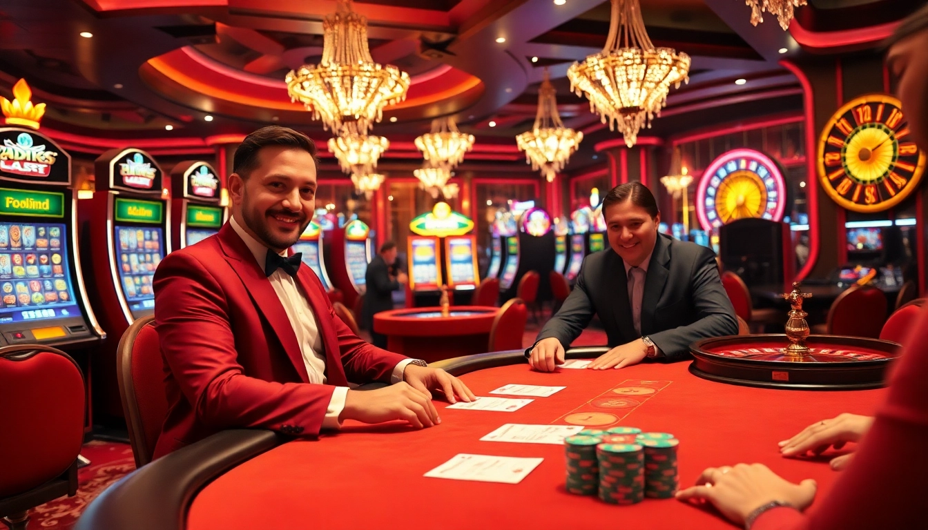 C168 players enjoying high-stakes poker and vibrant slot machines in a luxurious casino setting.