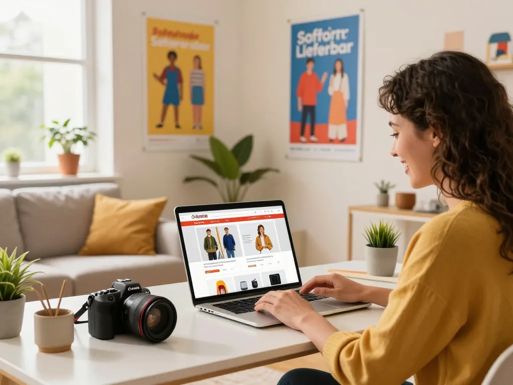 Sofort Lieferbar Artikel während eines lebhaften Online-Shopping-Erlebnisses in einem gemütlichen Arbeitsbereich.