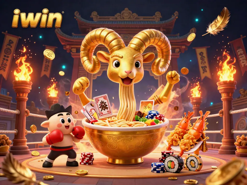 iwin casino scene featuring a golden ramen bowl character dealing cards with vibrant betting elements.