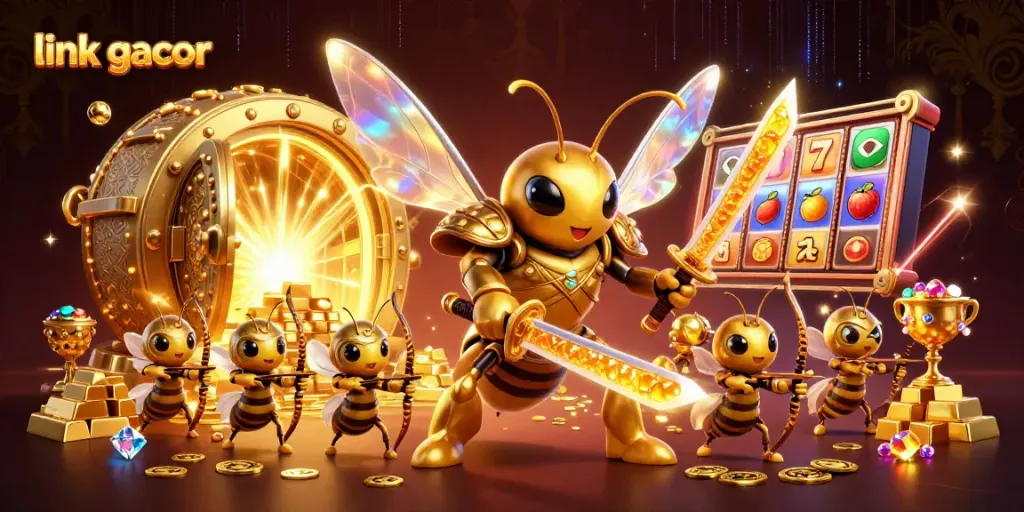 Win big with link gacor at a vibrant online casino scene featuring glorious treasure elements and dynamic characters.
