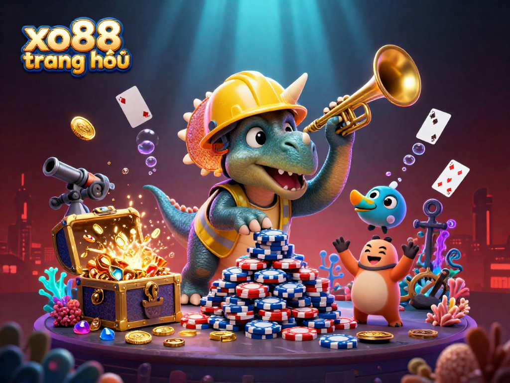 Engage in thrilling gaming with xo88 trang chủ as vibrant cartoon dinosaurs celebrate with poker chips and treasure.