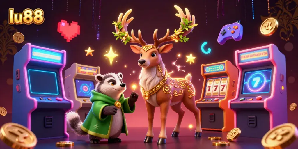 Engage with lu88 in a vibrant 3D casino scene featuring magical creatures and arcade machines.