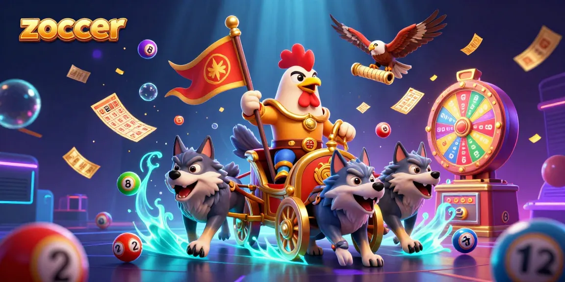 Zoccer showcases a vibrant scene of gaming excitement with a rooster warlord and stunning lottery elements.