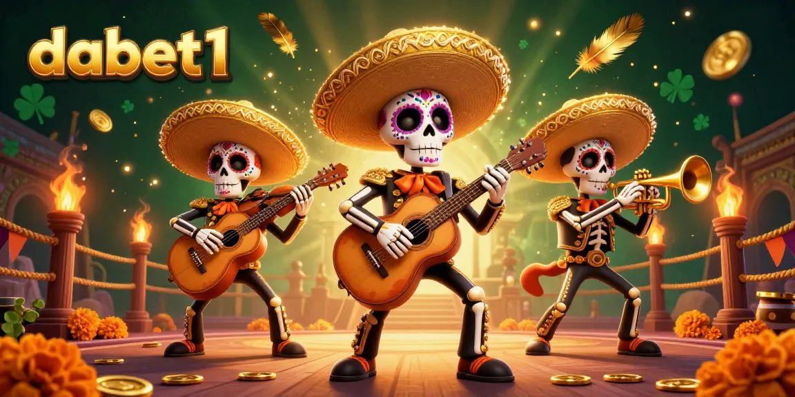 Experience dabet1 excitement with a vibrant 3D mariachi band among casino elements.