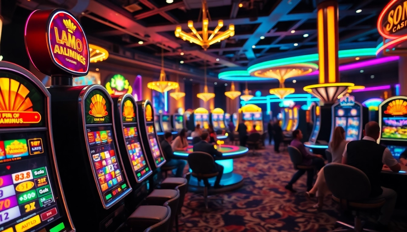 Spielen Sie aufregende Casinospiele.de auf lebhaften Spielautomaten in einem eleganten Casino-Setting.