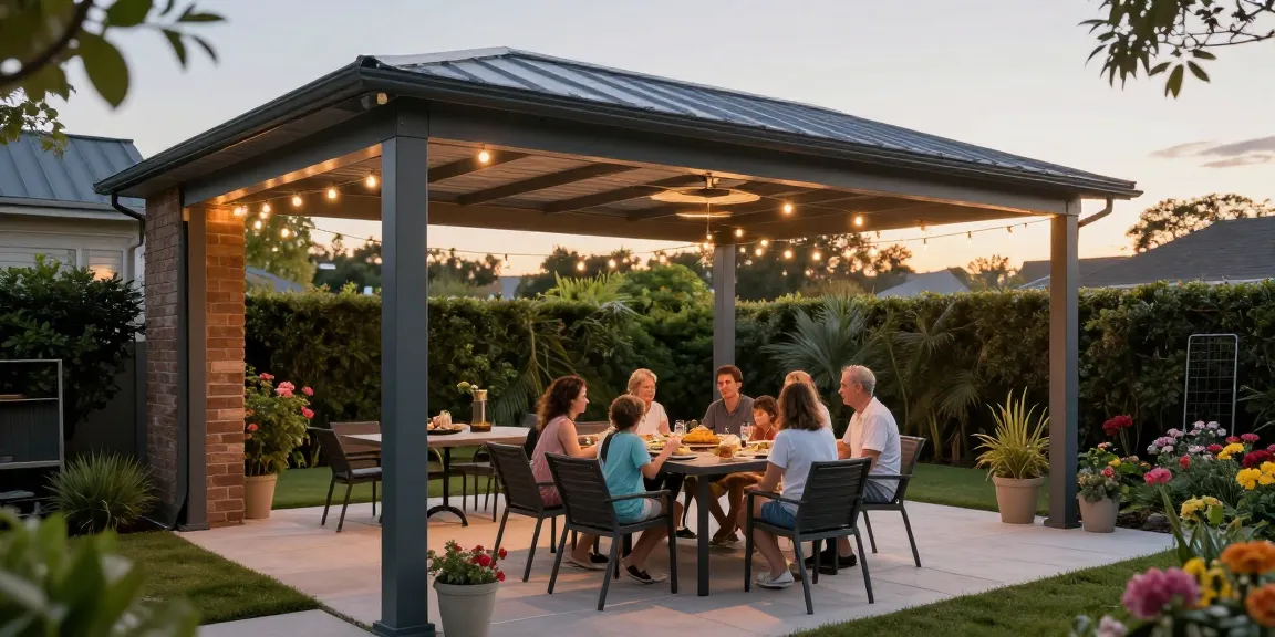 Terrassenüberdachung aus Aluminium in einem schönen Garten mit Familie beim Essen.