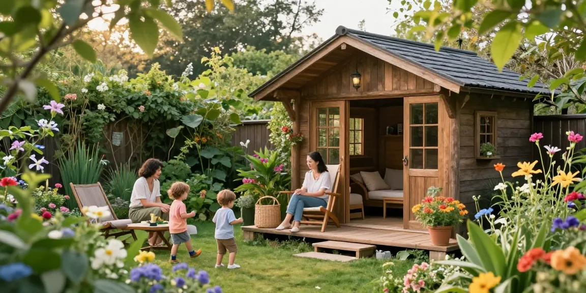 Hübsches Gartenhaus im Grünen mit blühenden Pflanzen und Familienzeit.