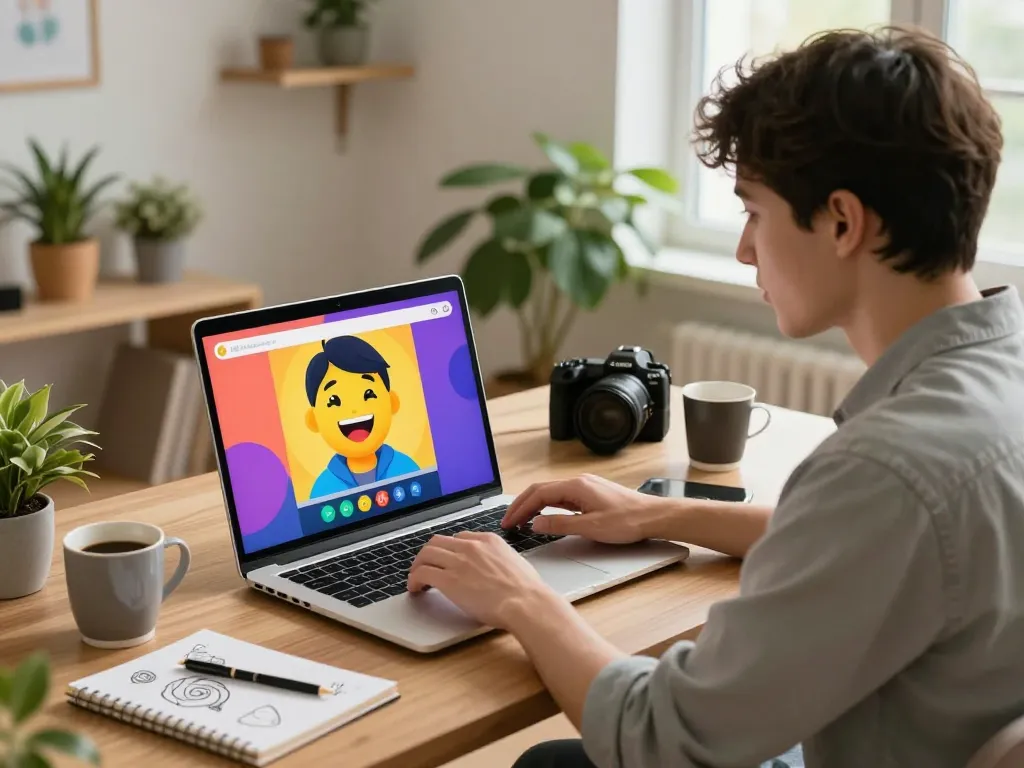Engaging in sex ai chat via laptop in a cozy home office setting with vibrant decor.
