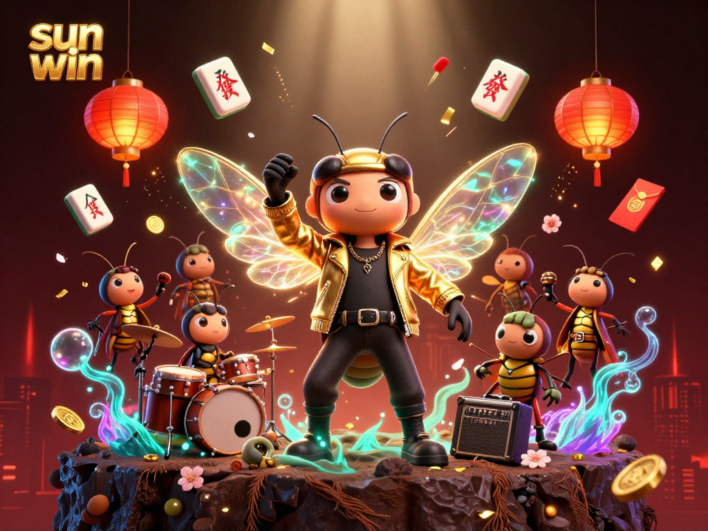 Experience sun win with vibrant casino-themed 3D art showcasing lively characters and game symbols.