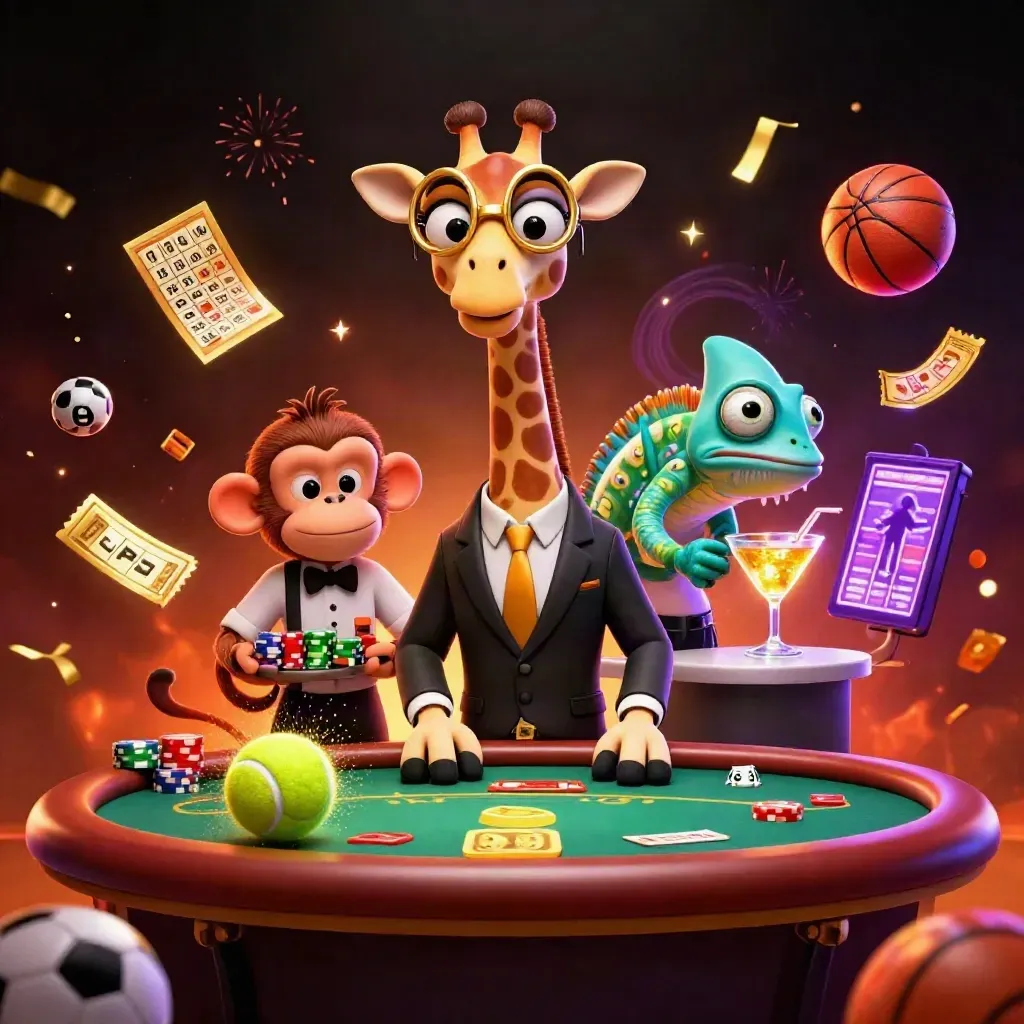 Luxuriöse Casino-Tierfiguren mit Tennisball, Jetons und fliegenden Effekten im dramatischen Licht.