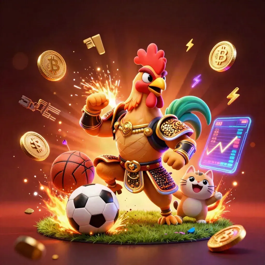 3D-Hahn, Drache und Glückskatze, umgeben von Coins, Blitzen und Sportbällen in Casino-Glut.
