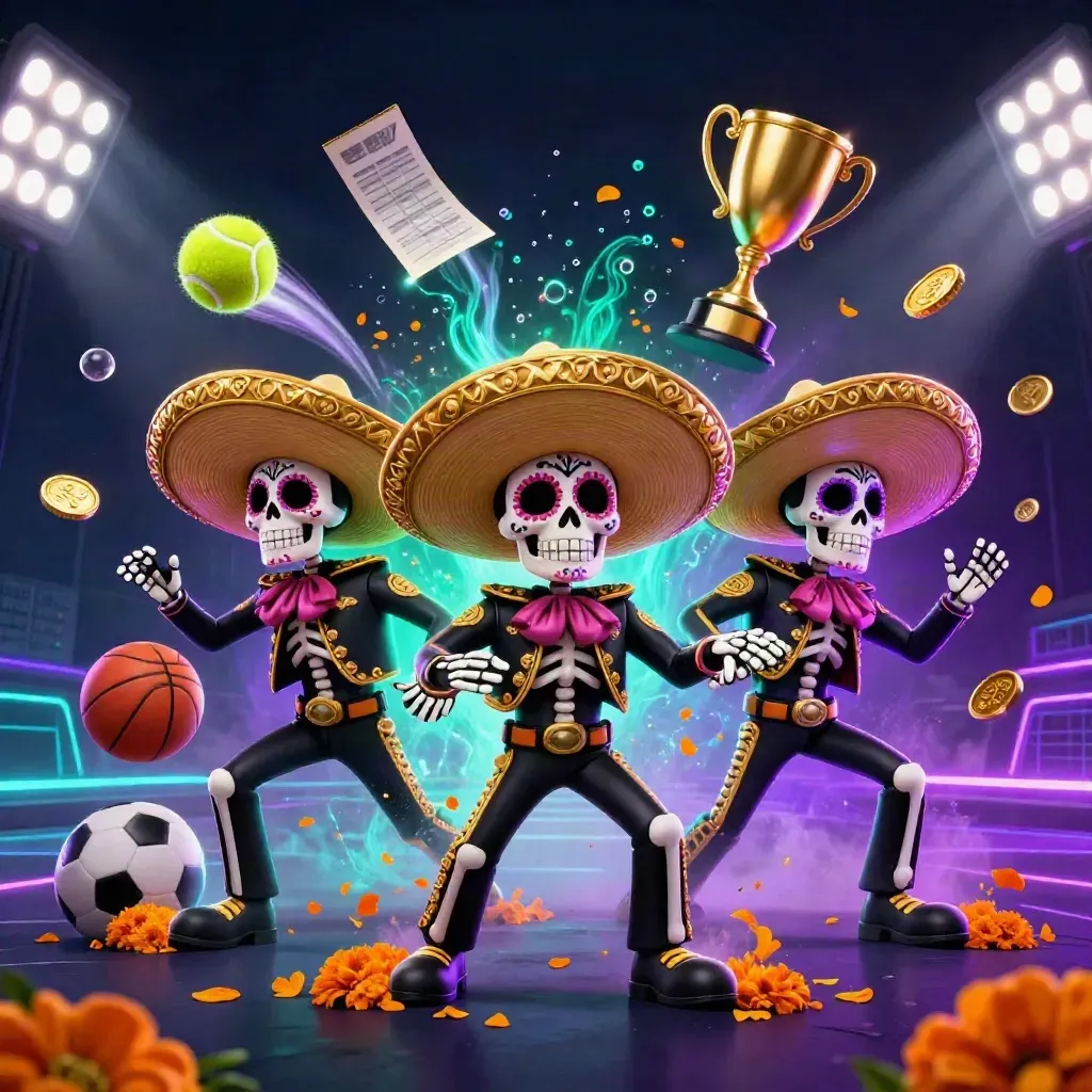 Drei Skelett-Mariachis, fliegende Bälle, Goldmünzen und Neonlicht im Casino-Stil.