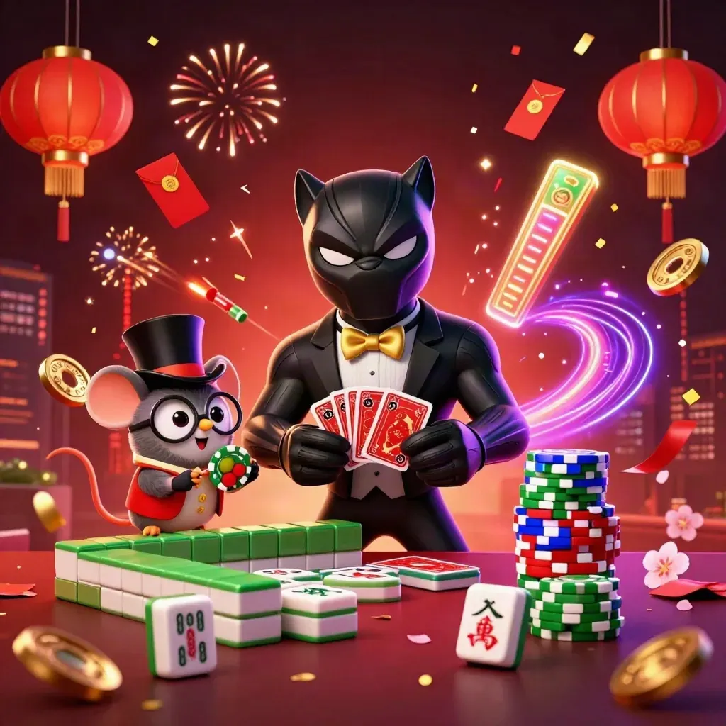 Panther, Eule und Maus beim Kartenspiel, umgeben von Glücksobjekten und Neonfunken.