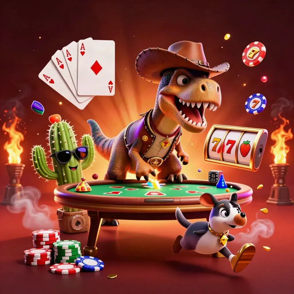 Cowboy-T-Rex, Kaktus und Roadrunner in Poker-Action mit Chips, Flammen und Neon-Glanz