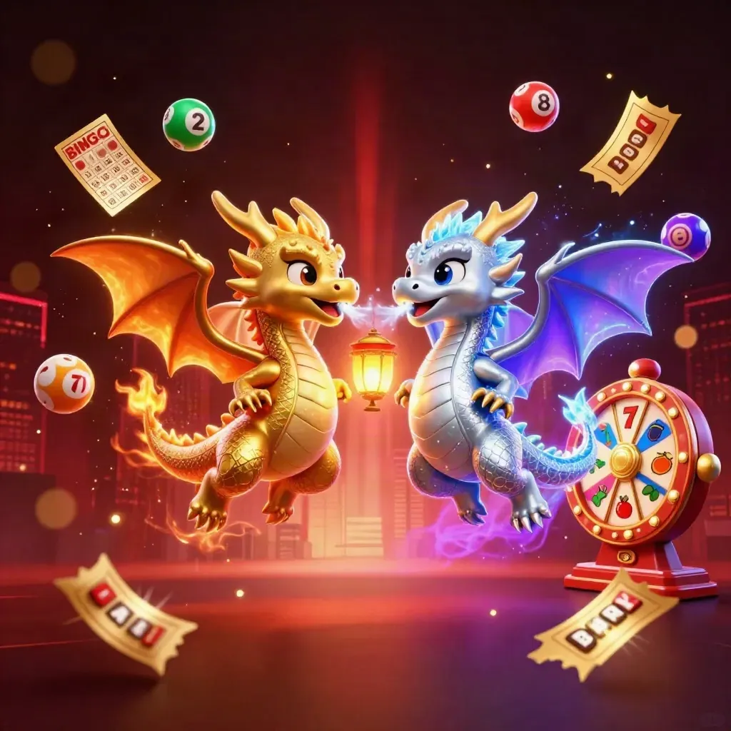 Goldener und silberner Drache mit Feuer und Eis, Münzen, Lotteriekugeln und Casino-Glanz.