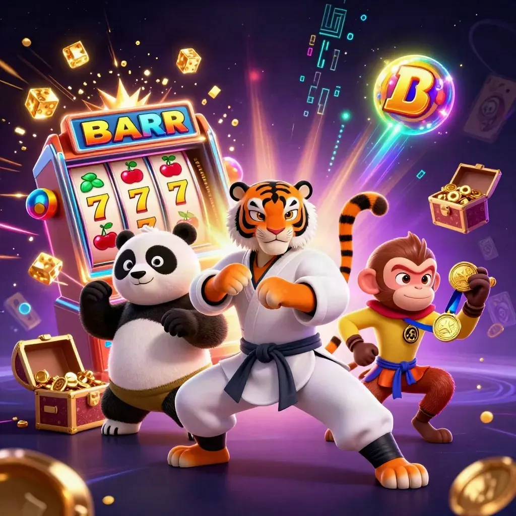 3D-Tiger, Panda und Affe vor Slotmaschine, Gold, Energie und violettem Casinohintergrund.