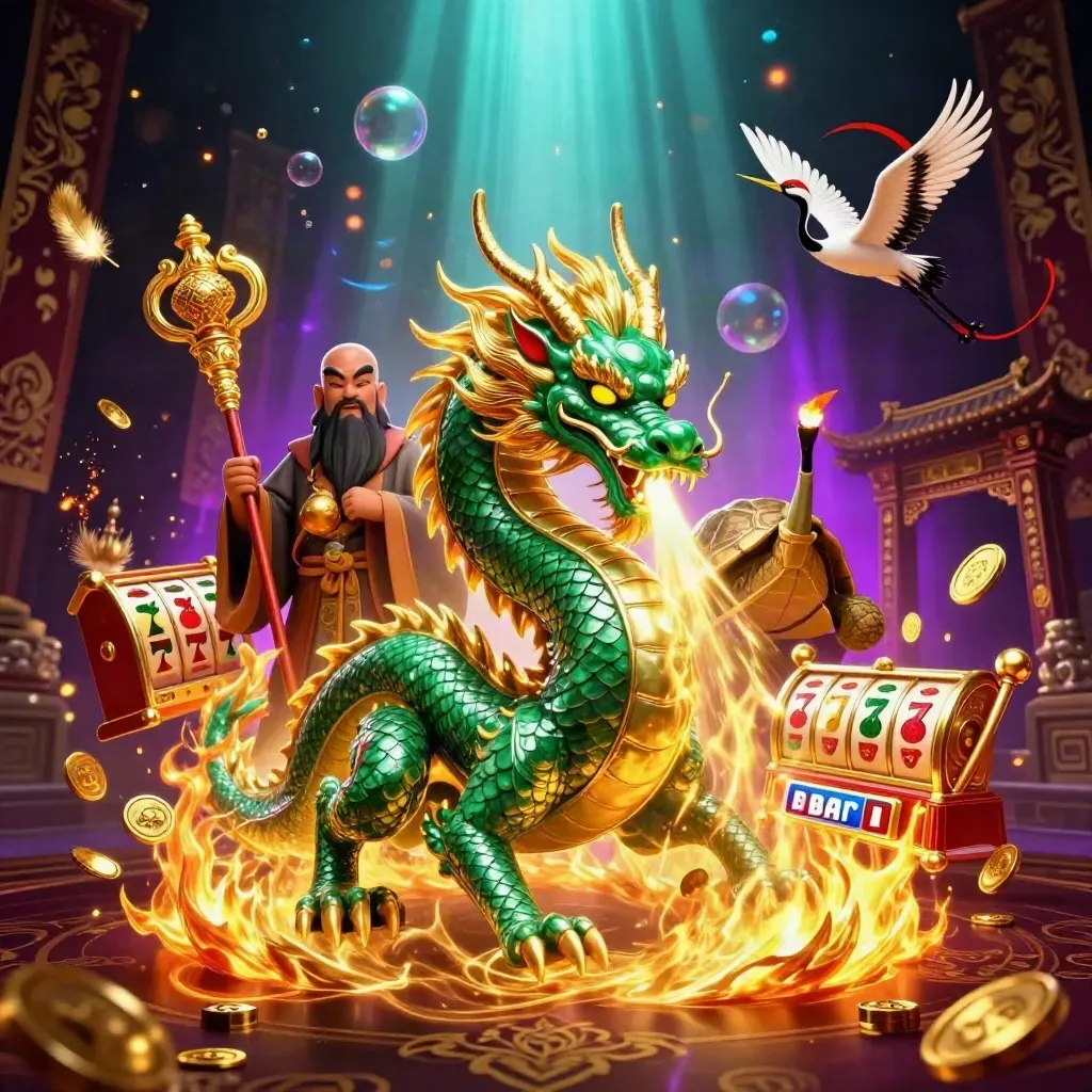 Jadegrüner Drache, Schildkrötensage und Kraniche mit Goldfeuer vor dunklem Casino-Luxus.
