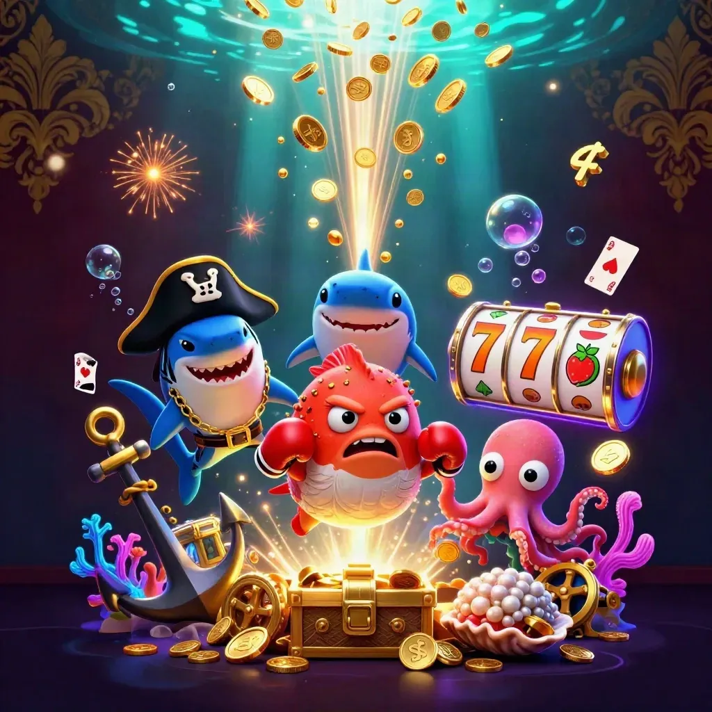 Piratenhai, Kugelfisch und Oktopus feiern in einer goldenen Unterwasserschatzkammer.