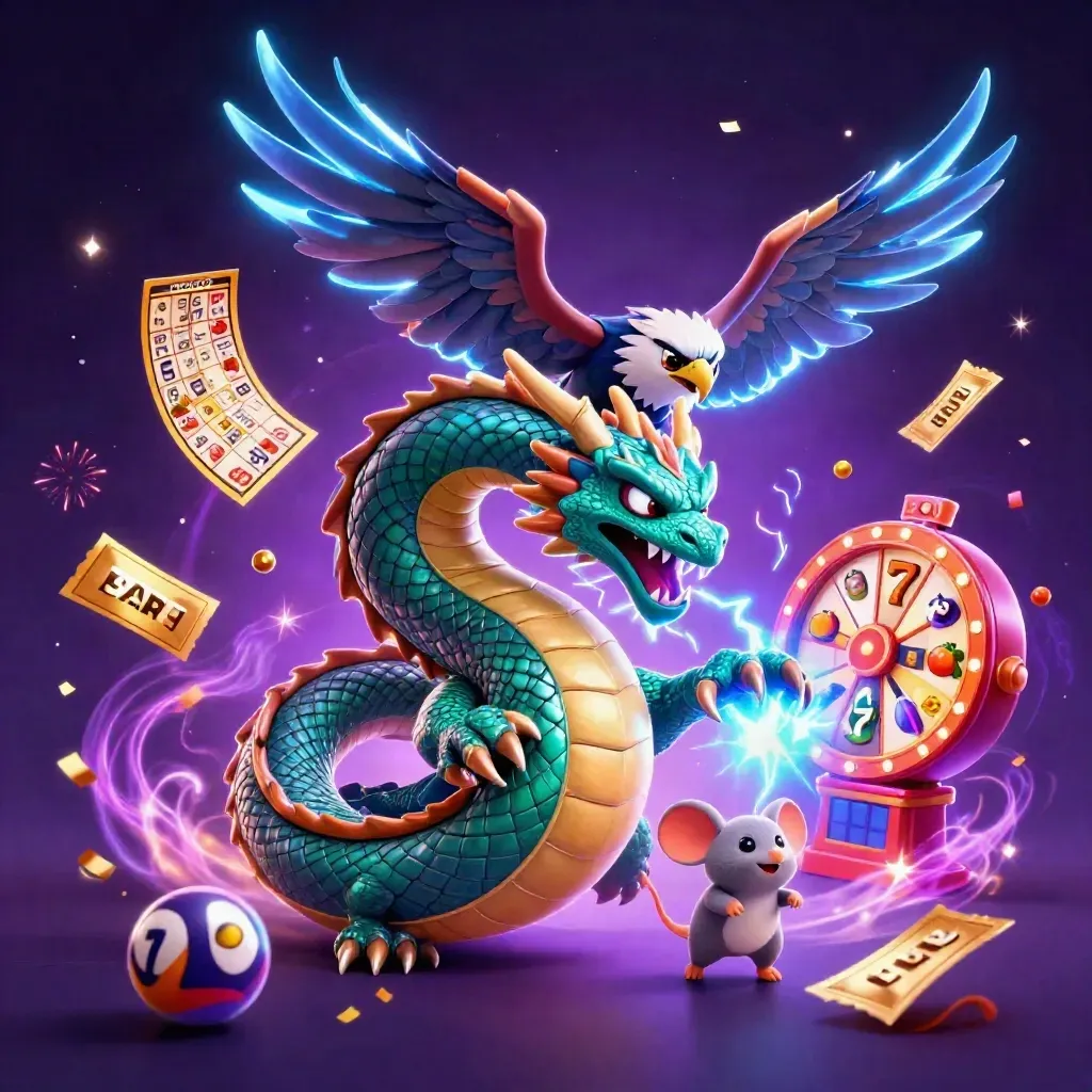 Dreiergruppe aus Donnerdrache, Windfalke und Maus mit Neon-Casino-Symbolen.