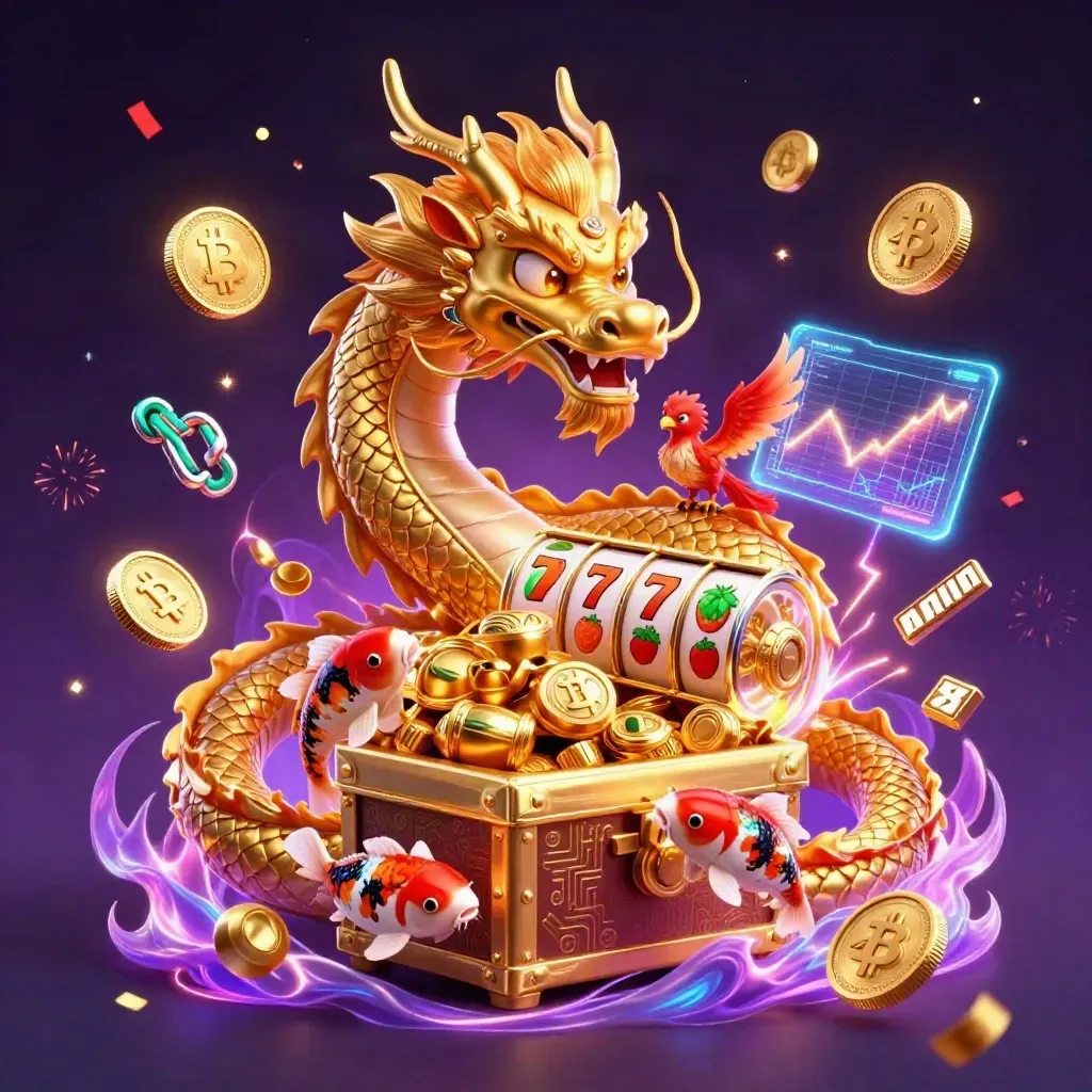 Goldener Drache, Phönix, Koi und Casino-Glückssymbole in neonfarbenem Premium-Look.