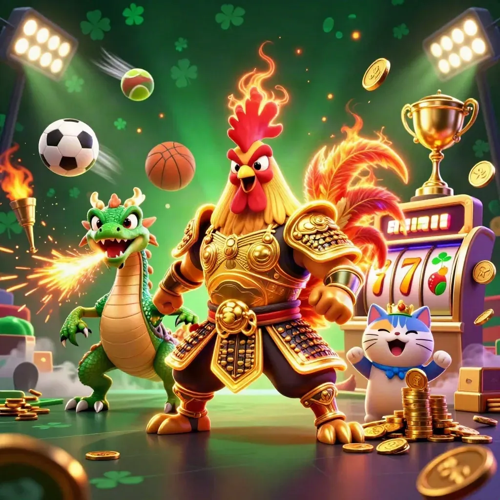 Neon-Casino-Action mit Samurai-Hahn, Drachenjungem, Glückskatze, Coins und Sportbällen.