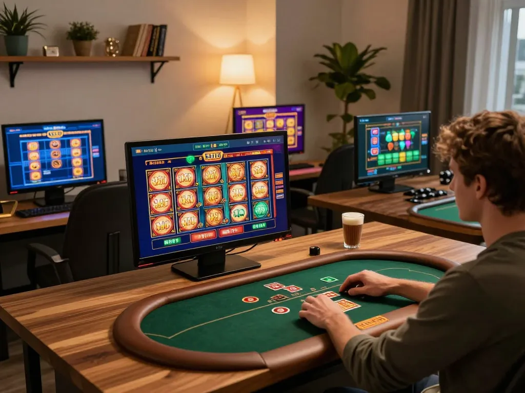 Engaged gambler enjoying slots on hz88 online casino platform with cozy home setting.
